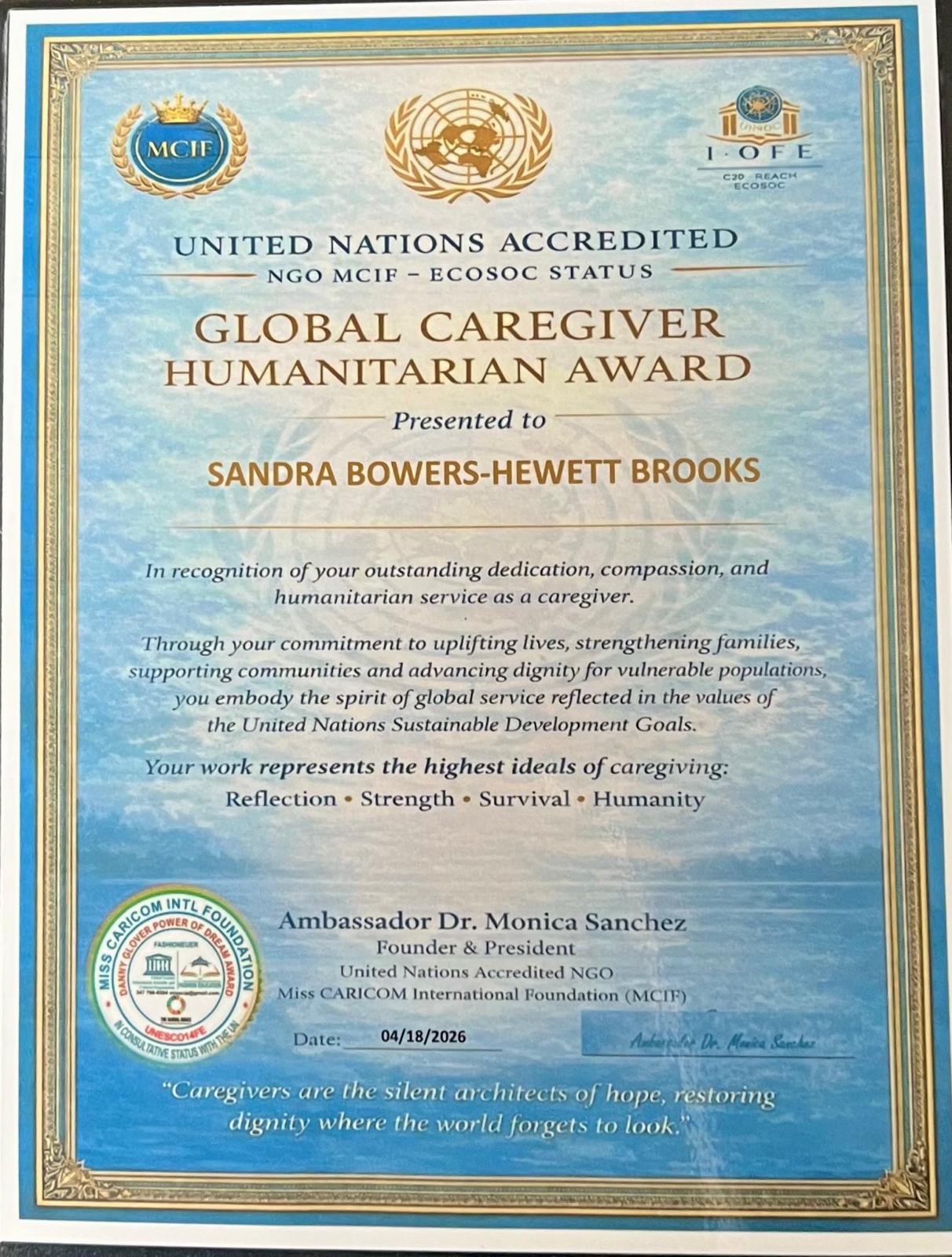 Global Caregiver Humanitarian Award — UN Accredited NGO MCIF, 2026